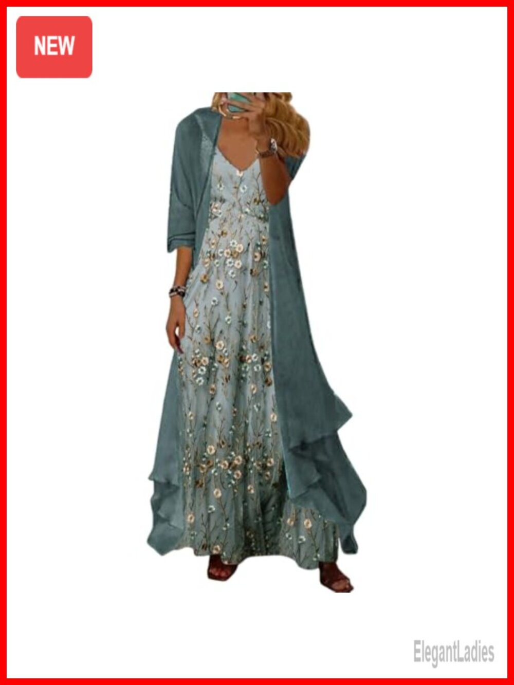 LOZ 2 Piece Maxi Dress Set Sheer Ruffle Cardigan Spaghetti Strap